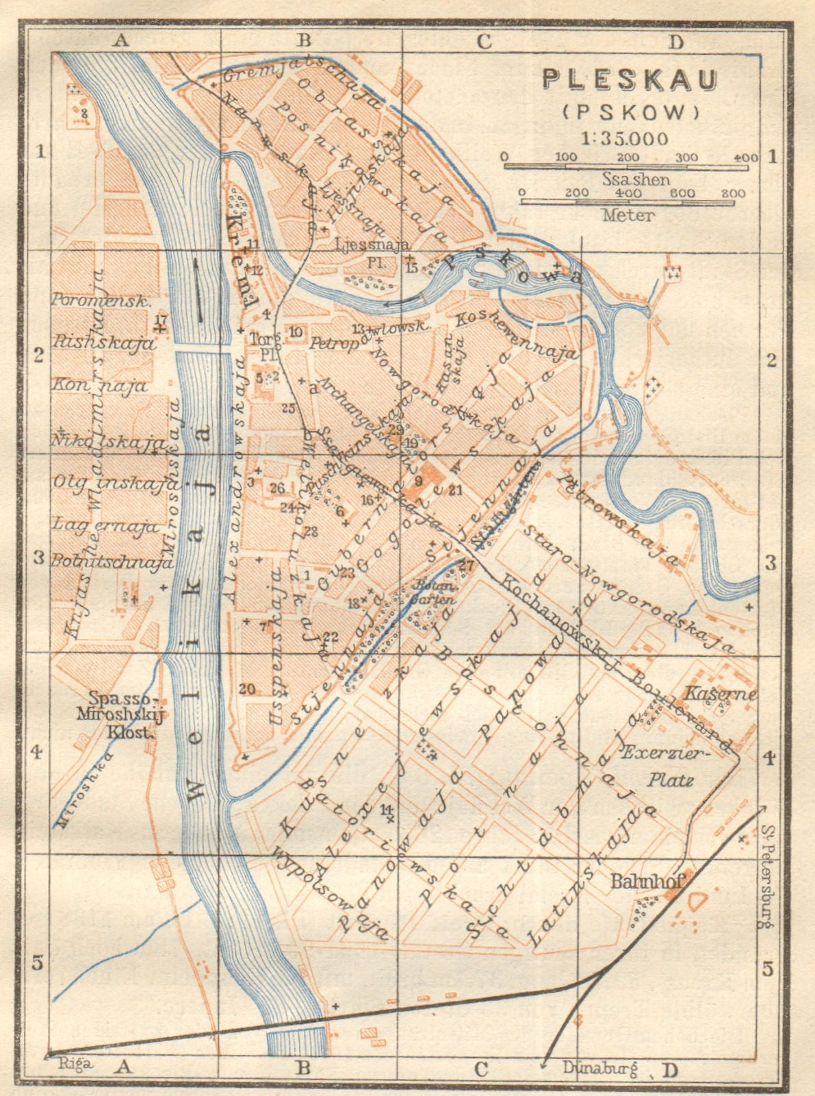 Pskov town/city plan. Russia. Pleskau Pskow. BAEDEKER 1912 old antique map